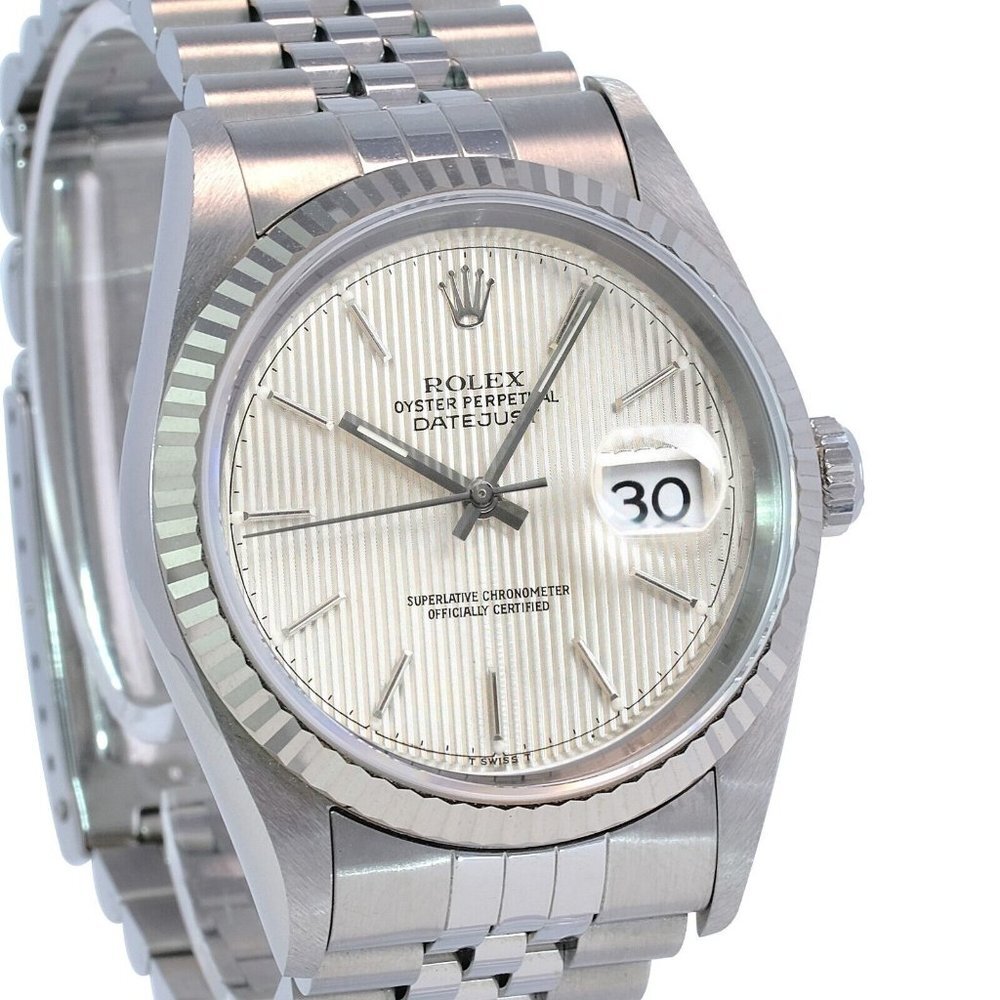 ROLEX DATEJUST UNISEX WATCH SILVER TAPESTRY INDEX DIAL FLUTED JUBILEE 16234